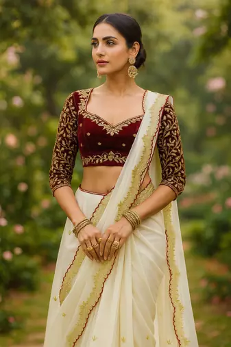 Cream embroidery chinon lahariya saree with readymade embroidery stitched blouse