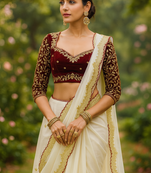 Cream embroidery chinon lahariya saree with readymade embroidery stitched blouse