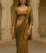 Gold real mirror lace fandy chiffon solid saree with embroidery stiched blouse