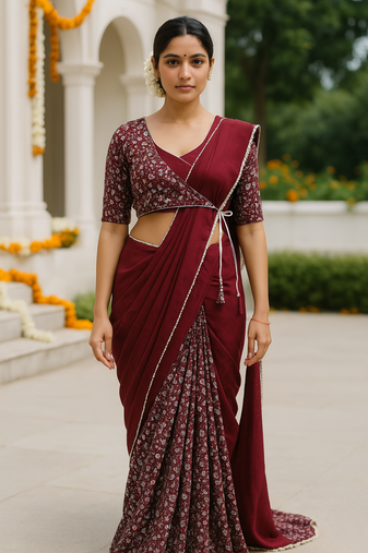 Maroon lace chinon two tone saree with readymade stitched blouse of 36 size alterable upto 40