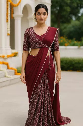 Maroon lace chinon two tone saree with readymade stitched blouse of 36 size alterable upto 40