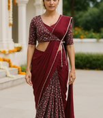 Maroon lace chinon two tone saree with readymade stitched blouse of 36 size alterable upto 40