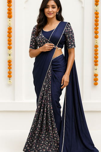Navy blue lace chinon two tone saree with readymade stitched blouse