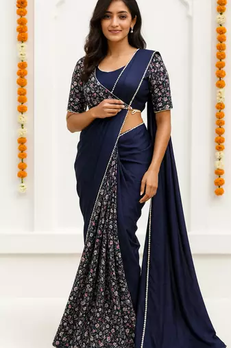 Navy blue lace chinon two tone saree with readymade stitched blouse
