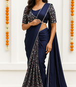 Navy blue lace chinon two tone saree with readymade stitched blouse