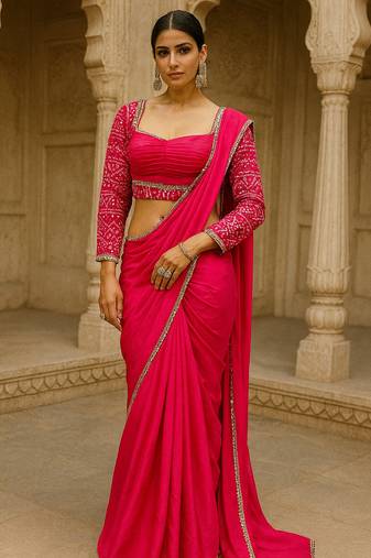 Pink real mirror lace chinon solid saree with readymade stitched blouse