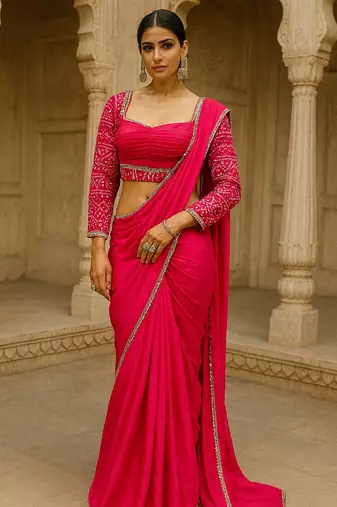 Pink real mirror lace chinon solid saree with readymade stitched blouse