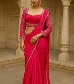 Pink real mirror lace chinon solid saree with readymade stitched blouse