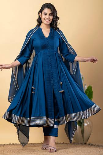 Blue gotta patti rayon stiched anarkali style pant with kurta set