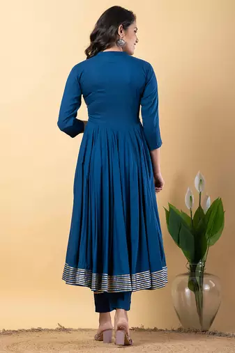 Blue gotta patti rayon stiched anarkali style pant with kurta set