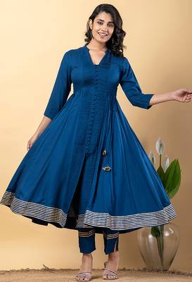 Blue gotta patti rayon stiched anarkali style pant with kurta set 4