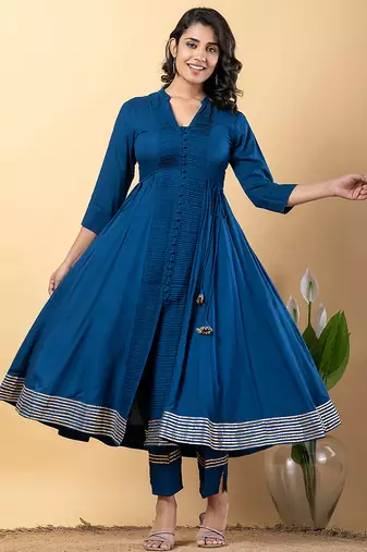 Blue gotta patti rayon stiched anarkali style pant with kurta set