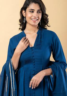 Blue gotta patti rayon stiched anarkali style pant with kurta set 5
