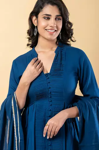 Blue gotta patti rayon stiched anarkali style pant with kurta set