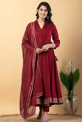 Maroon gotta patti rayon stiched anarkali style pant with kurta set 1