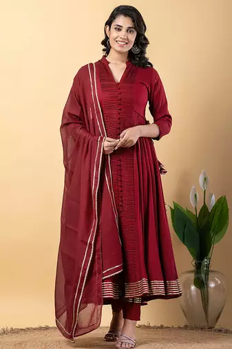 Maroon gotta patti rayon stiched anarkali style pant with kurta set