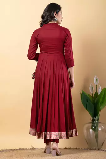Maroon gotta patti rayon stiched anarkali style pant with kurta set