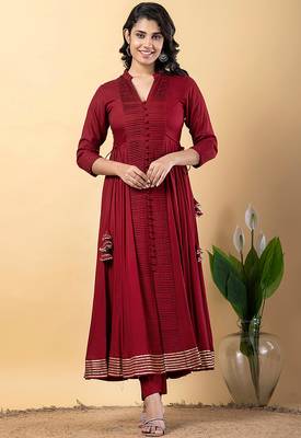 Maroon gotta patti rayon stiched anarkali style pant with kurta set 4