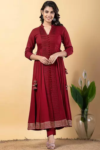 Maroon gotta patti rayon stiched anarkali style pant with kurta set