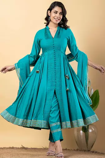 Sea-green gotta patti rayon stiched anarkali style pant with kurta set