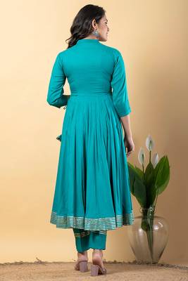 Sea-green gotta patti rayon stiched anarkali style pant with kurta set 3