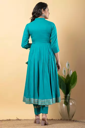 Sea-green gotta patti rayon stiched anarkali style pant with kurta set