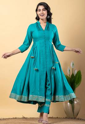 Sea-green gotta patti rayon stiched anarkali style pant with kurta set 4