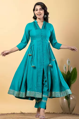 Sea-green gotta patti rayon stiched anarkali style pant with kurta set