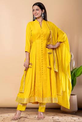 Yellow gotta patti rayon stiched anarkali style pant with kurta set 1