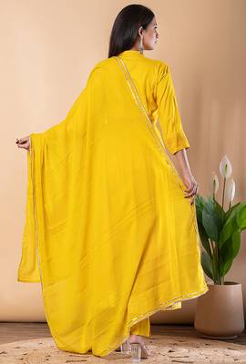 Yellow gotta patti rayon stiched anarkali style pant with kurta set 2