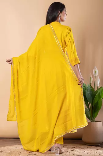 Yellow gotta patti rayon stiched anarkali style pant with kurta set