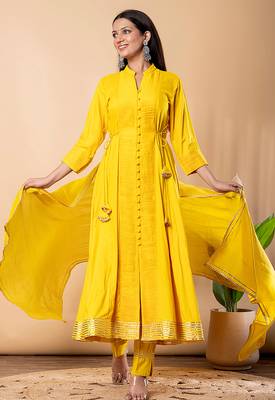 Yellow gotta patti rayon stiched anarkali style pant with kurta set 3