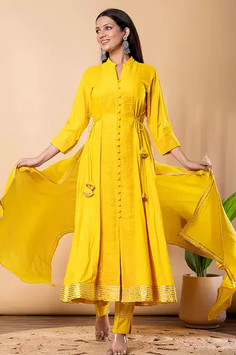 Yellow gotta patti rayon stiched anarkali style pant with kurta set