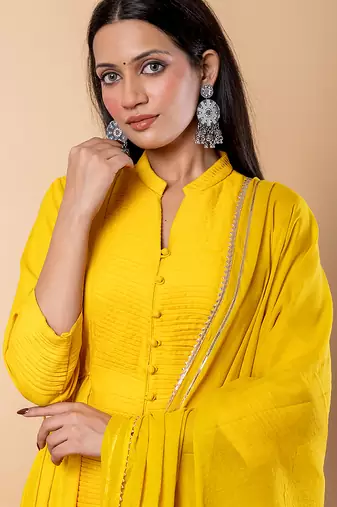 Yellow gotta patti rayon stiched anarkali style pant with kurta set