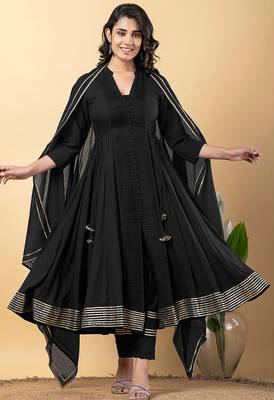 Black gotta patti rayon stiched anarkali style pant with kurta set 1