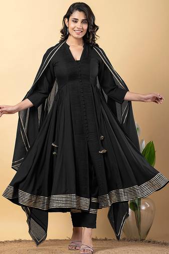 Black gotta patti rayon stiched anarkali style pant with kurta set