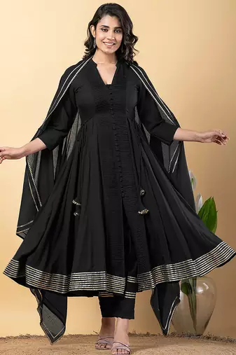 Black gotta patti rayon stiched anarkali style pant with kurta set