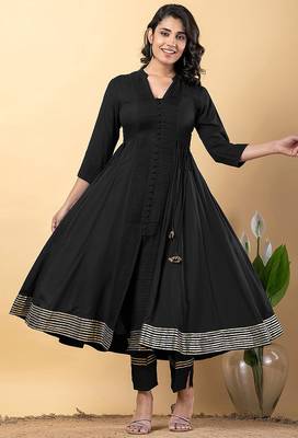 Black gotta patti rayon stiched anarkali style pant with kurta set 3