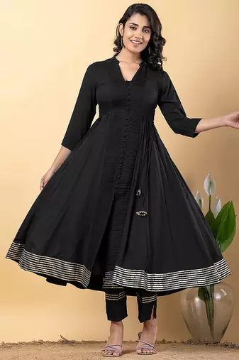 Black gotta patti rayon stiched anarkali style pant with kurta set