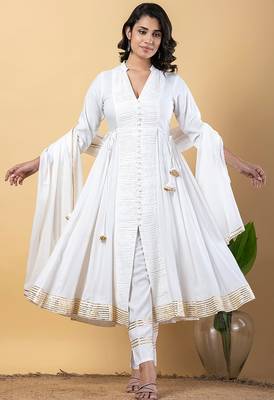 White gotta patti rayon stiched anarkali style pant with kurta set 1
