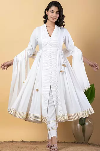 White gotta patti rayon stiched anarkali style pant with kurta set