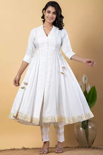 White gotta patti rayon stiched anarkali style pant with kurta set