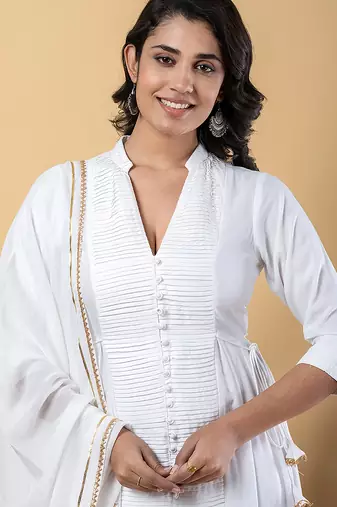 White gotta patti rayon stiched anarkali style pant with kurta set