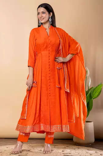 Orange gotta patti rayon stiched anarkali style pant with kurta set