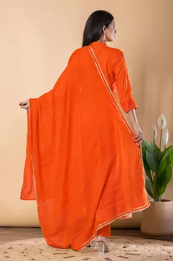 Orange gotta patti rayon stiched anarkali style pant with kurta set
