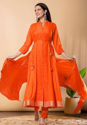 Orange gotta patti rayon stiched anarkali style pant with kurta set 3