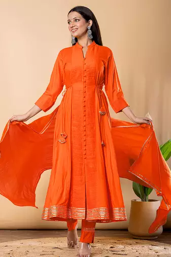 Orange gotta patti rayon stiched anarkali style pant with kurta set