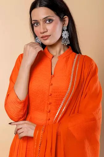 Orange gotta patti rayon stiched anarkali style pant with kurta set