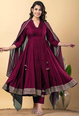 Purple gotta patti rayon stiched anarkali style pant with kurta set 1