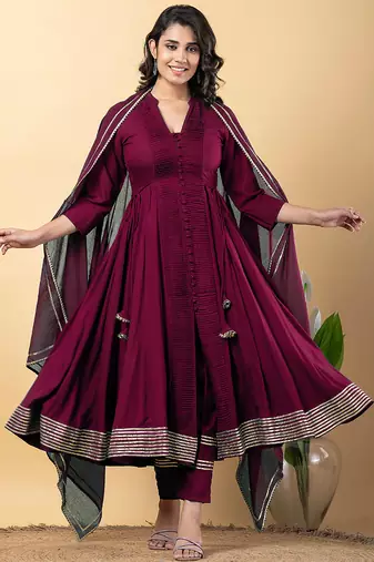 Purple gotta patti rayon stiched anarkali style pant with kurta set